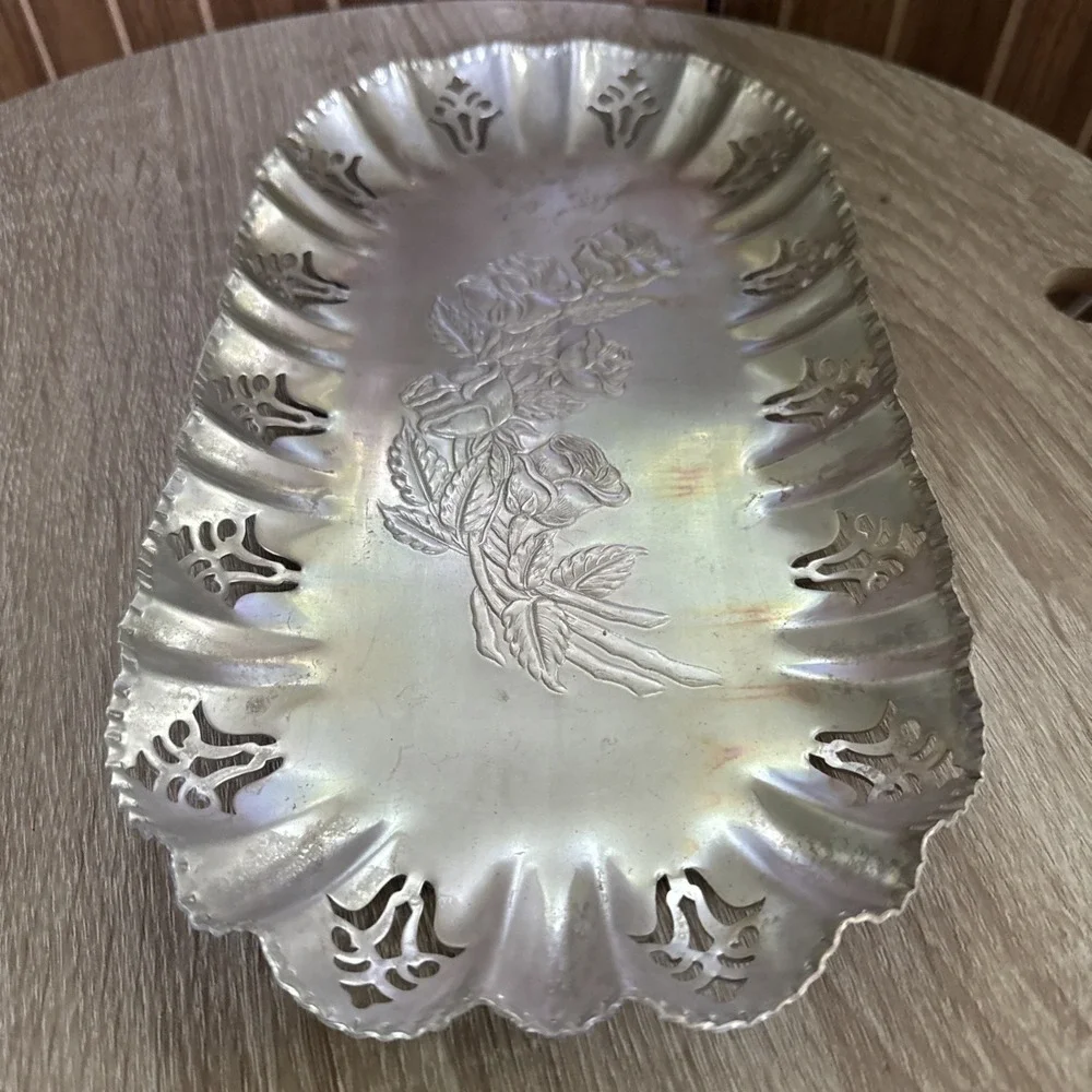 Vintage Pinched Oval Aluminum Metal Tray w Embossed Rose Flowers in Center  –